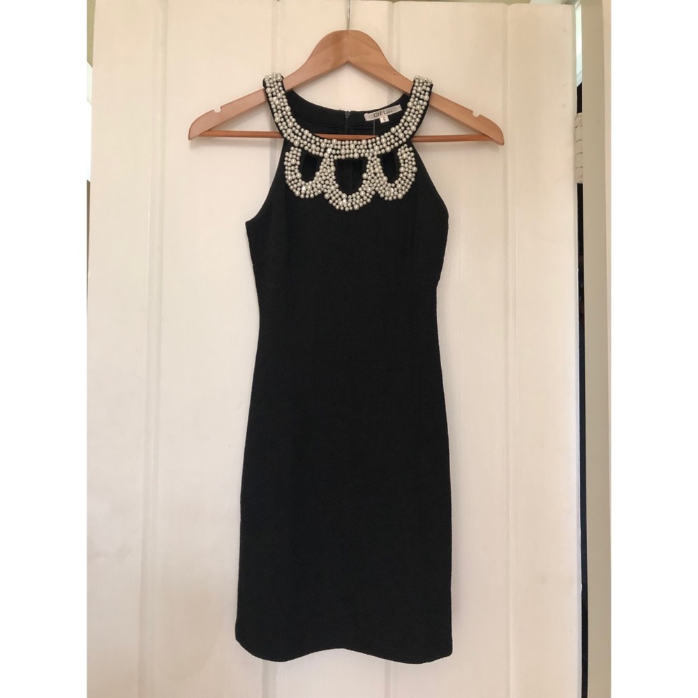 Black mini cocktail LBD dress embellished rhinestones & pearls